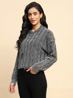 Grey Cotton Boxy Fit Pullover For Women