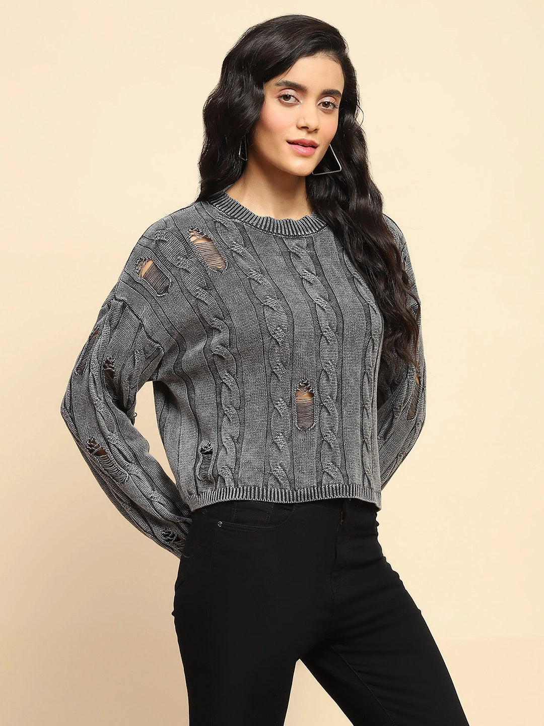 Grey Cotton Boxy Fit Pullover For Women