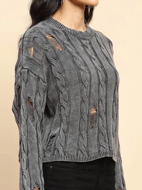 Grey Cotton Boxy Fit Pullover For Women