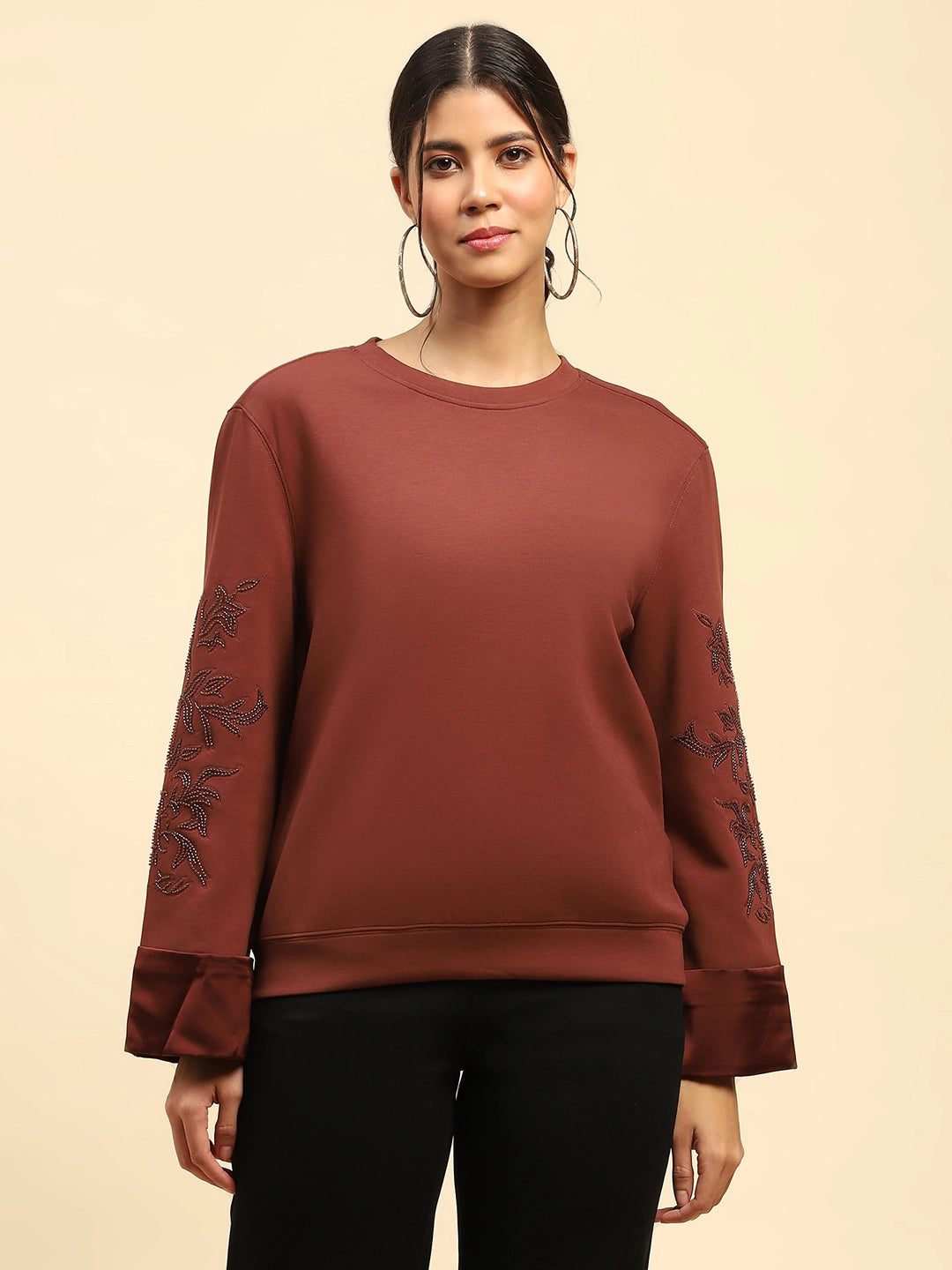 Brick Red Embellished Poly Blend Relaxed Fit Sweatshirt