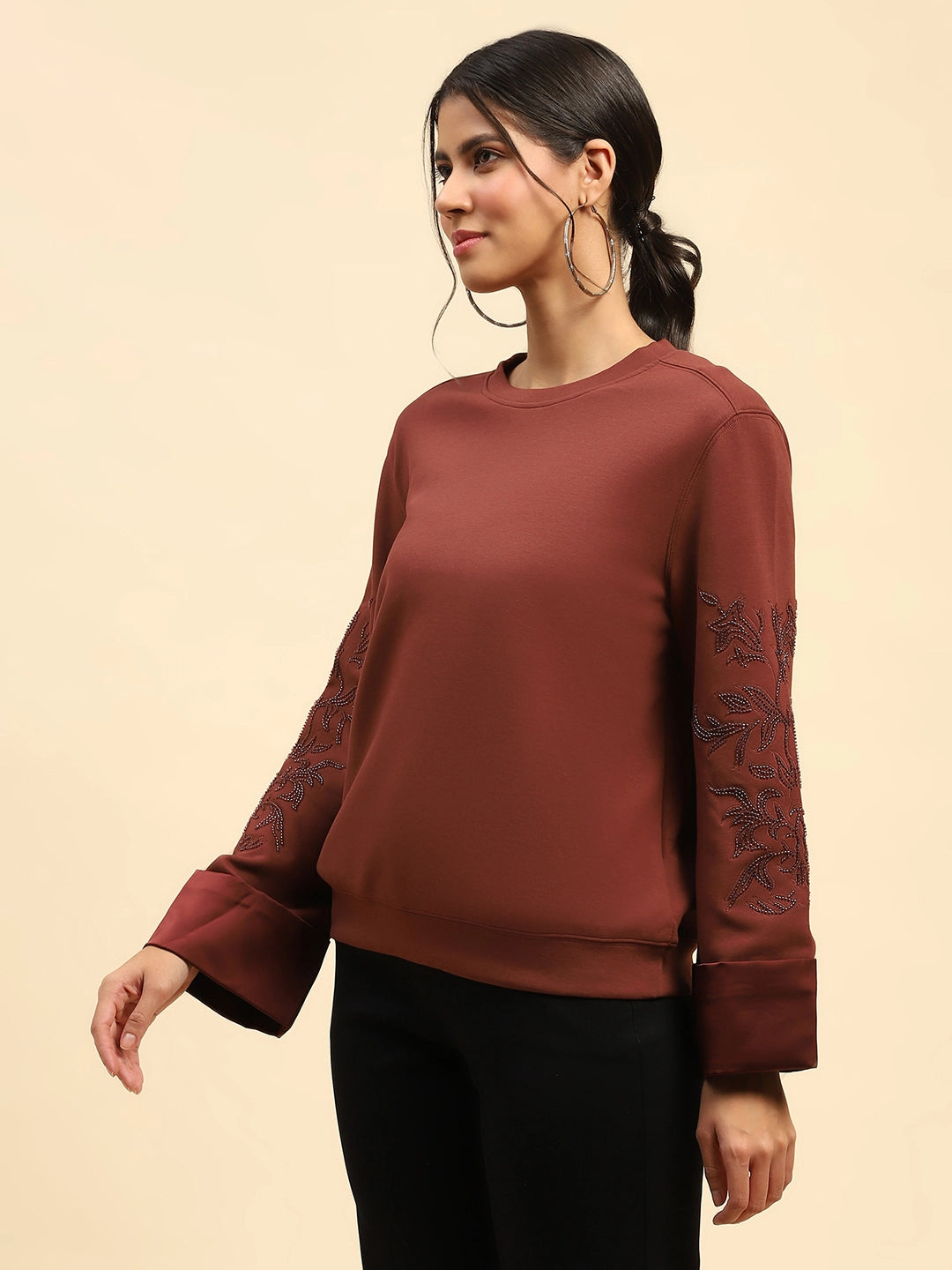 Brick Red Embroidered Poly Blend Relaxed Fit Sweatshirt