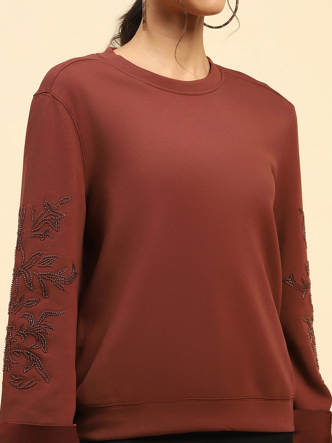 Brick Red Embroidered Poly Blend Relaxed Fit Sweatshirt