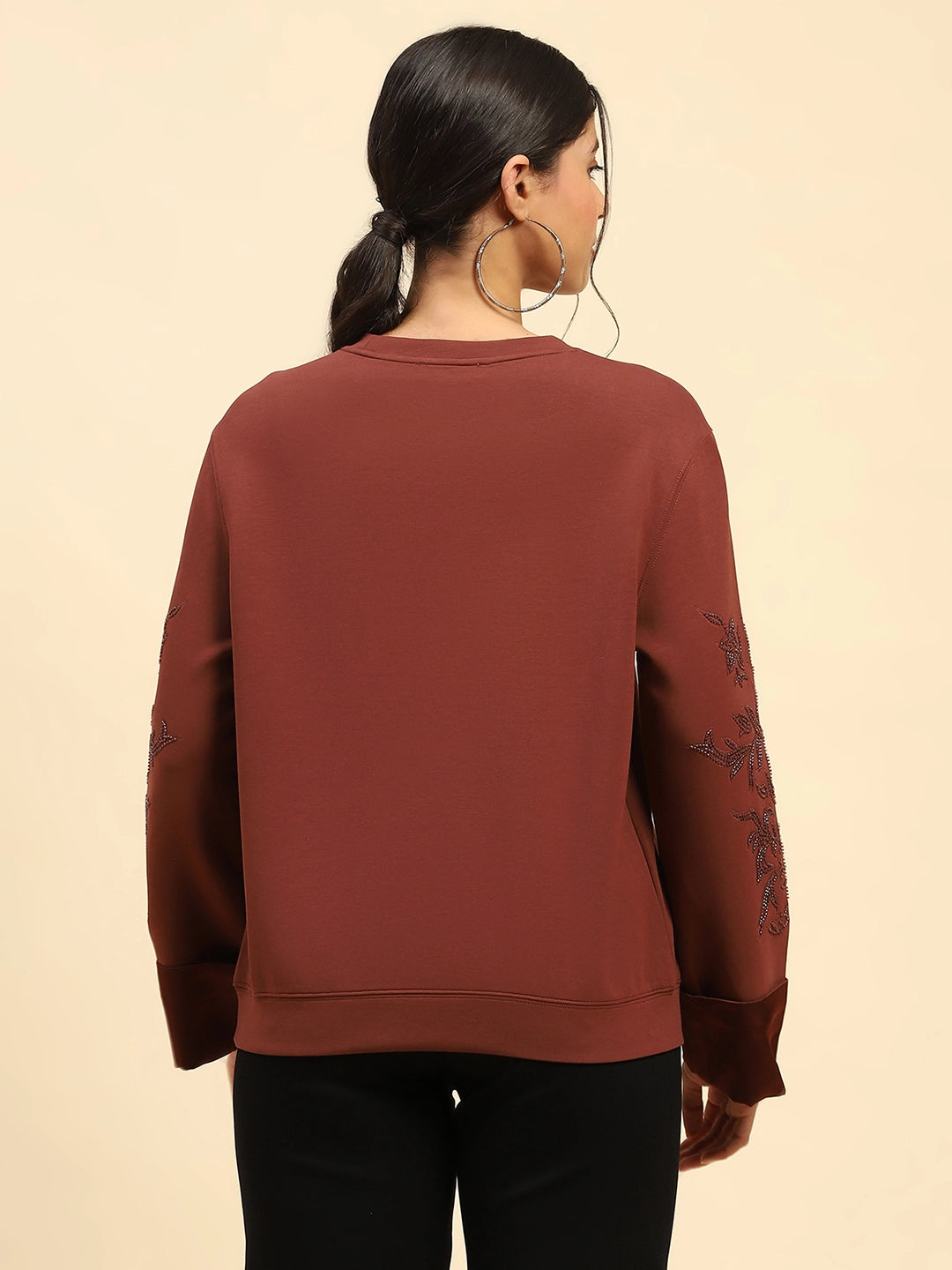 Brick Red Embroidered Poly Blend Relaxed Fit Sweatshirt