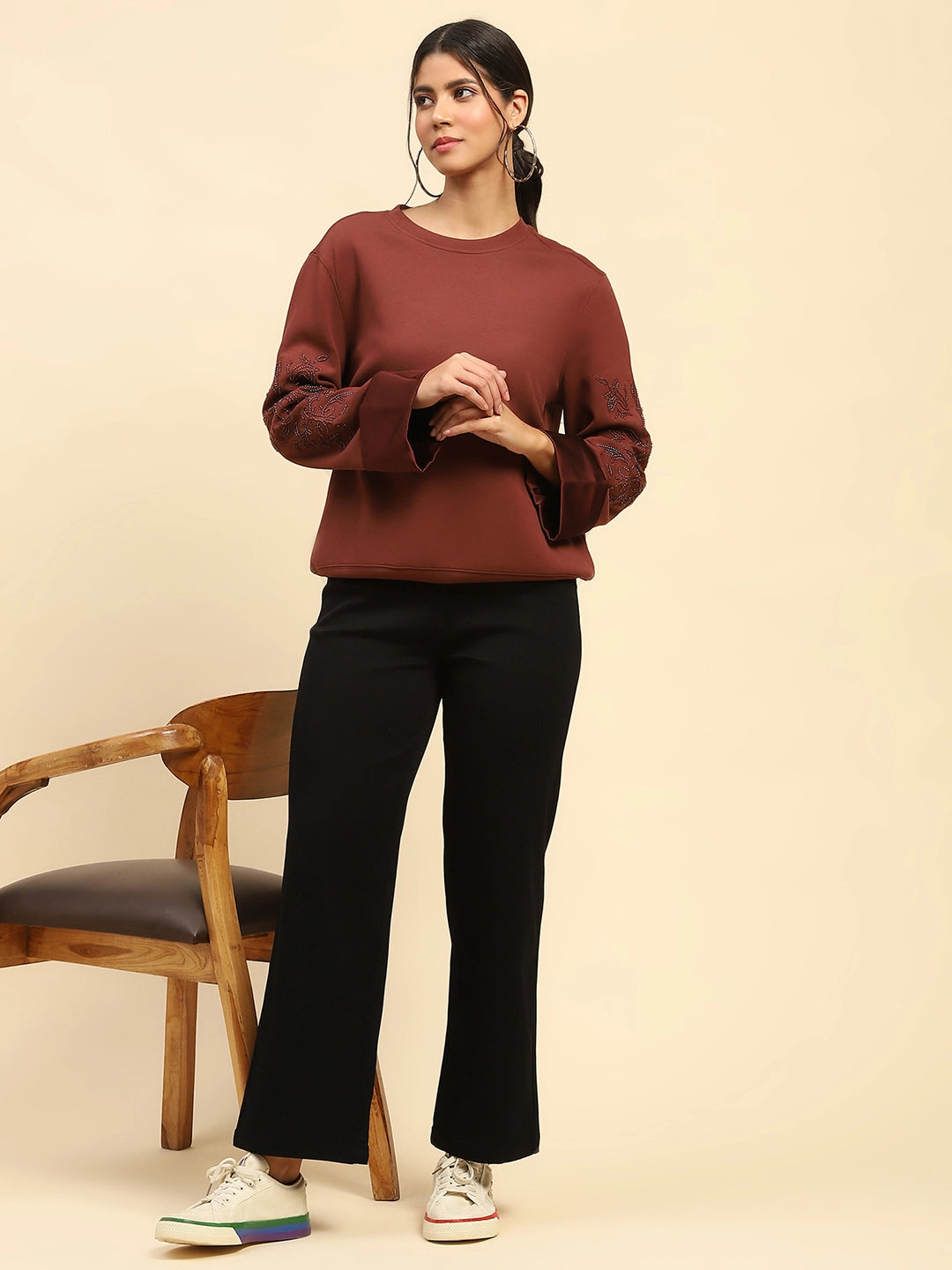 Brick Red Embellished Poly Blend Relaxed Fit Sweatshirt