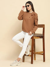 Brown Poly Blend Embroidered Loose Fit Sweat Shirt