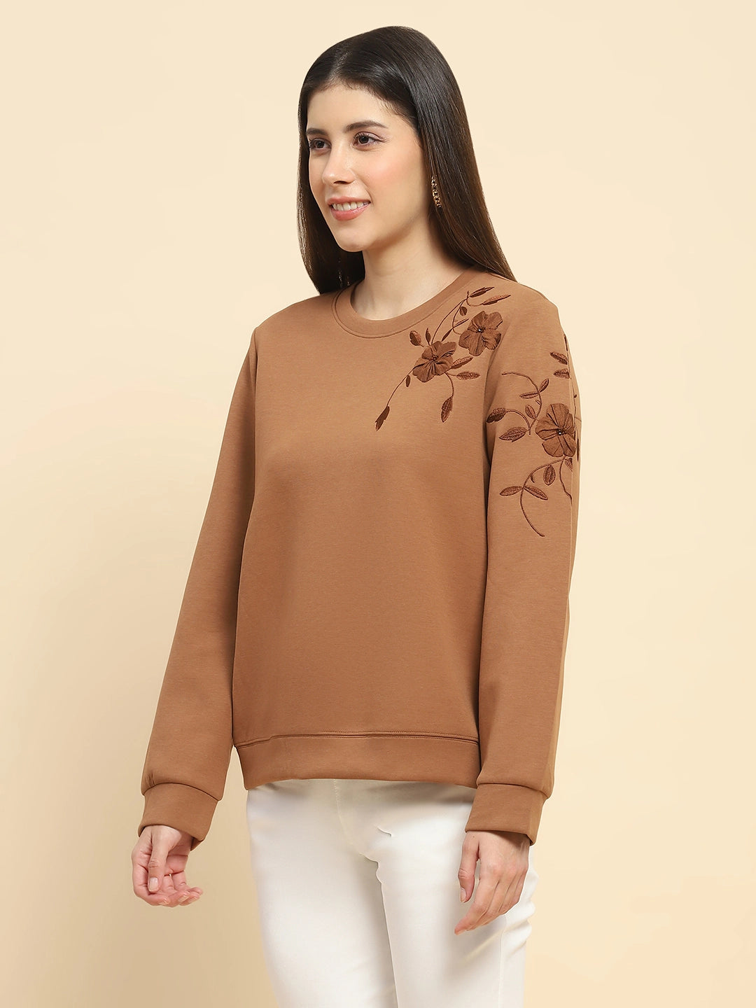 Brown Poly Blend Embroidered Loose Fit Sweat Shirt