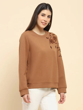 Brown Poly Blend Embroidered Loose Fit Sweat Shirt