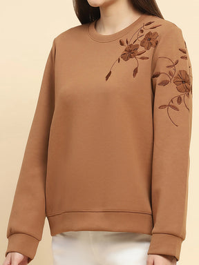 Brown Poly Blend Embroidered Loose Fit Sweat Shirt