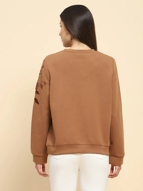 Brown Poly Blend Embroidered Loose Fit Sweat Shirt