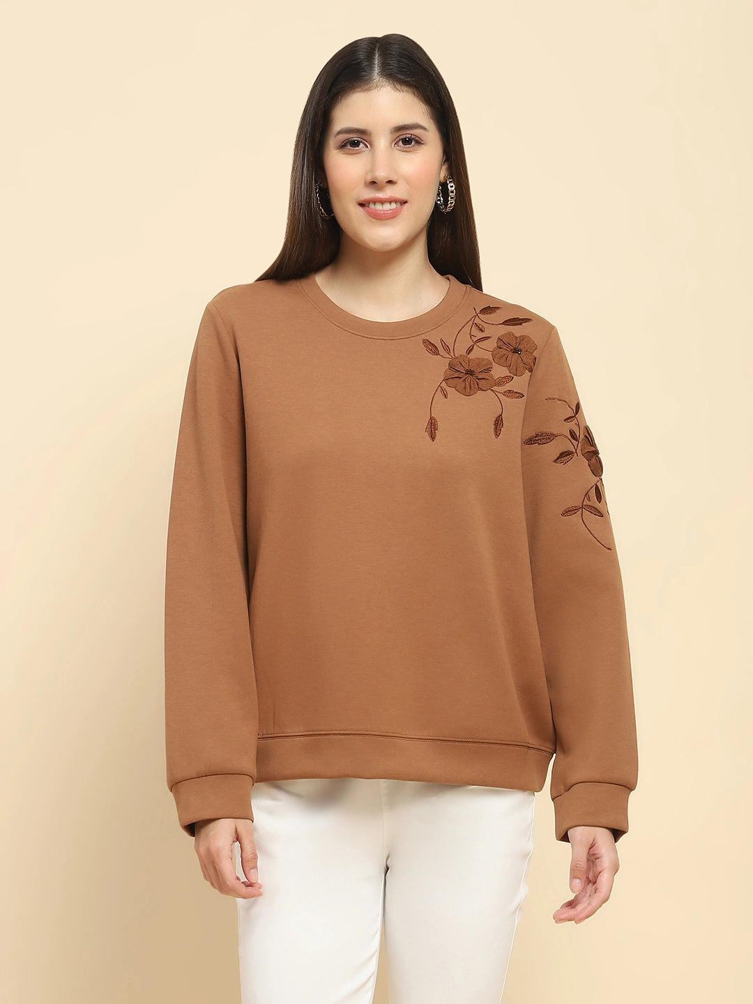 Brown Poly Blend Embroidered Loose Fit Sweat Shirt