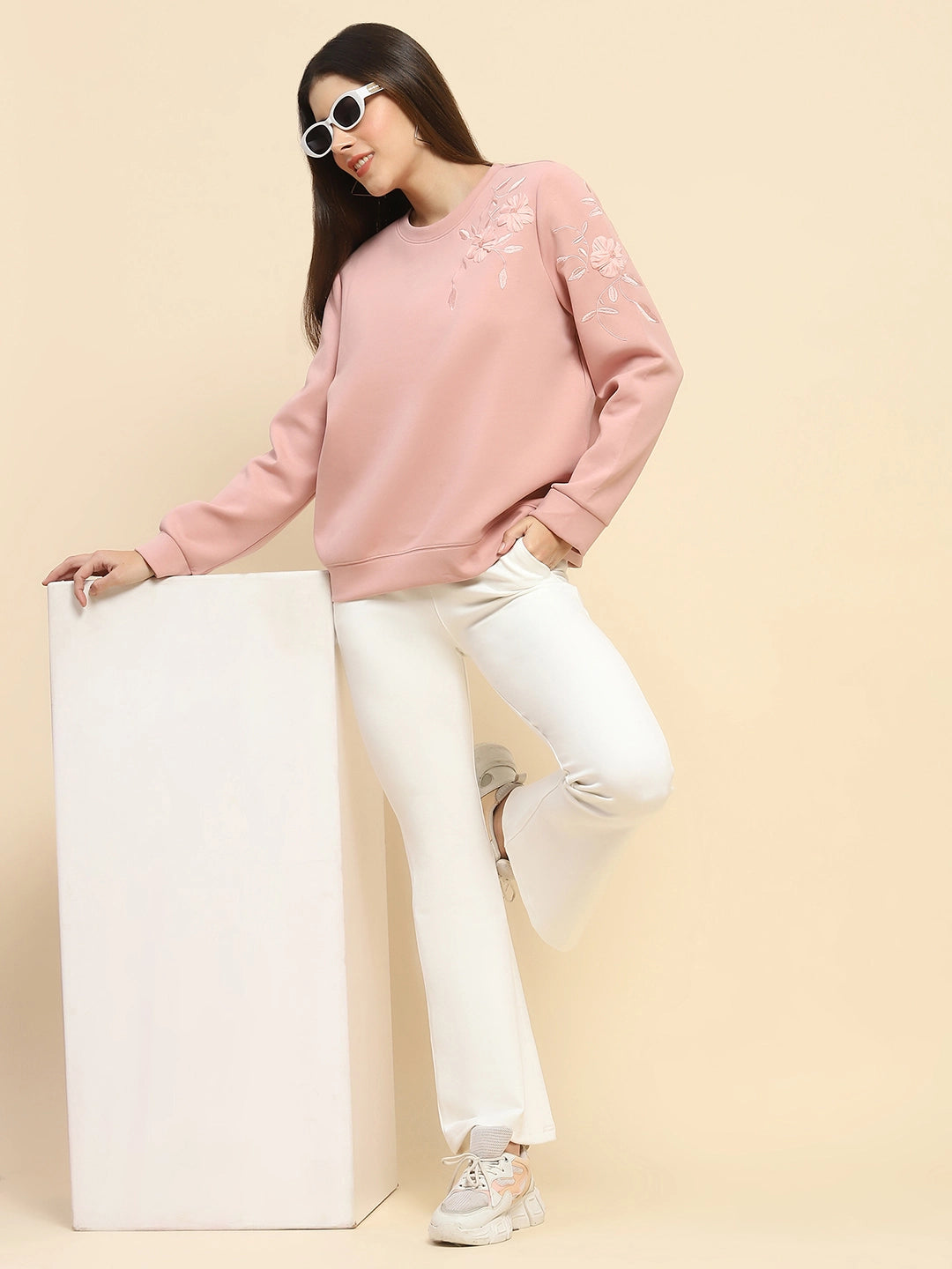 Pink Poly Blend Embroidered Loose Fit Sweat Shirt