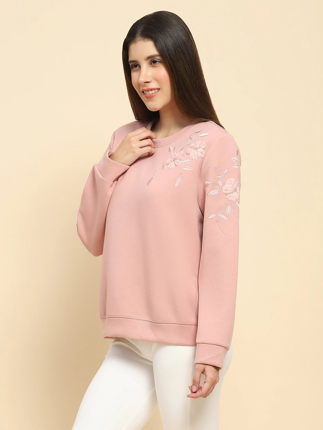 Pink Poly Blend Embroidered Loose Fit Sweatshirt