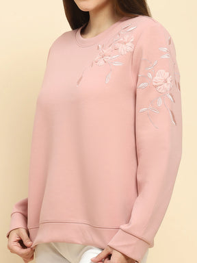 Pink Poly Blend Embroidered Loose Fit Sweat Shirt