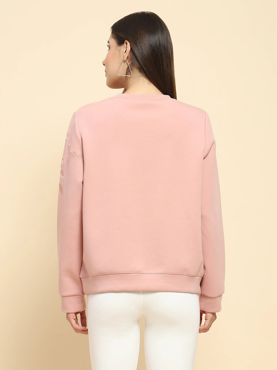 Pink Poly Blend Embroidered Loose Fit Sweat Shirt