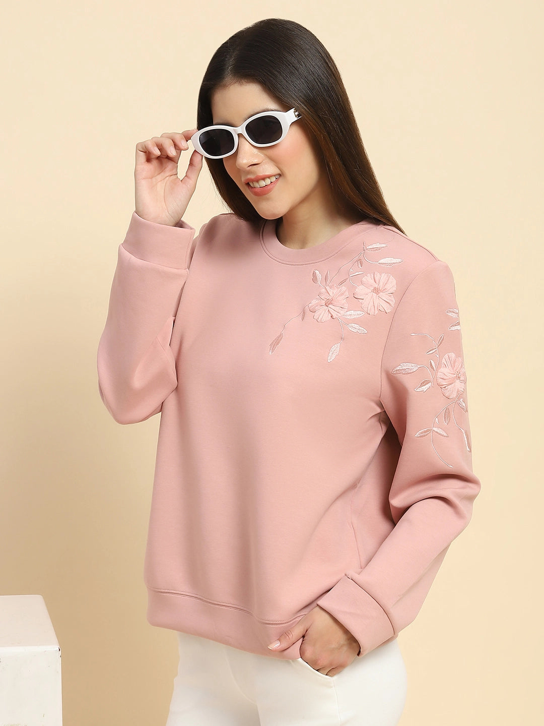 Pink Poly Blend Embroidered Loose Fit Sweat Shirt