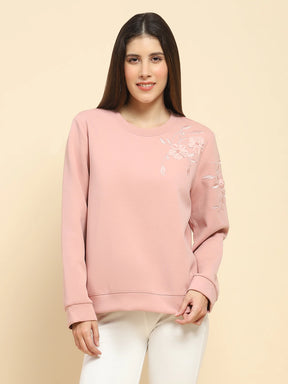 Pink Poly Blend Embroidered Loose Fit Sweat Shirt