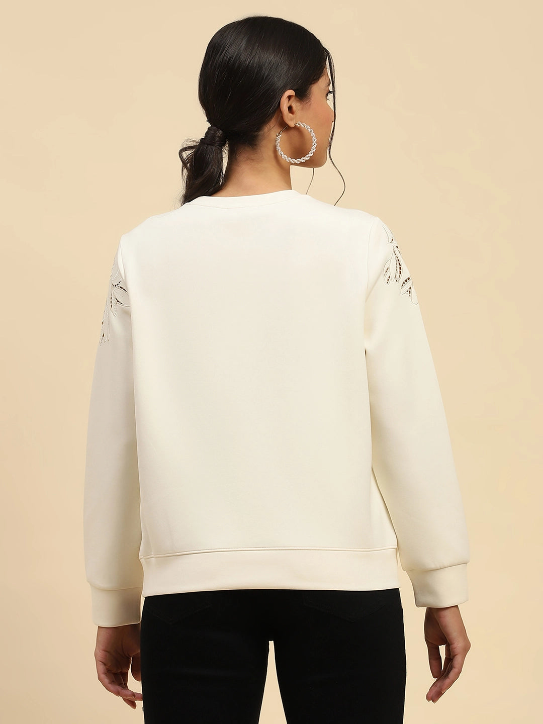 White Embroidered Poly Blend Relaxed Fit Sweatshirt