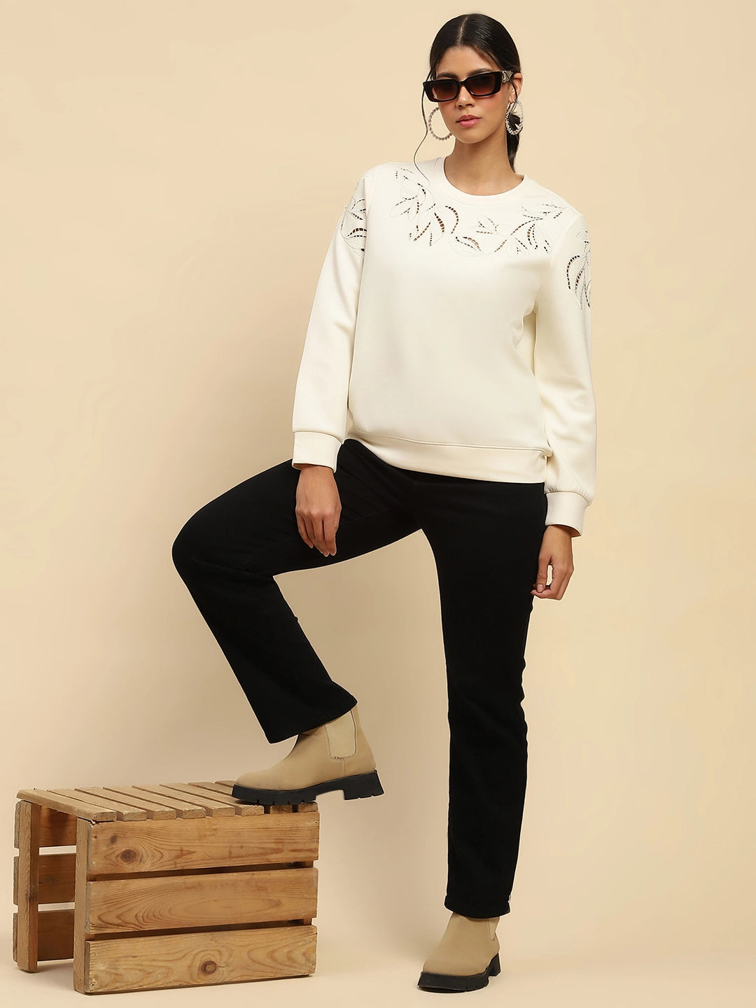 White Embroidered Poly Blend Relaxed Fit Sweatshirt