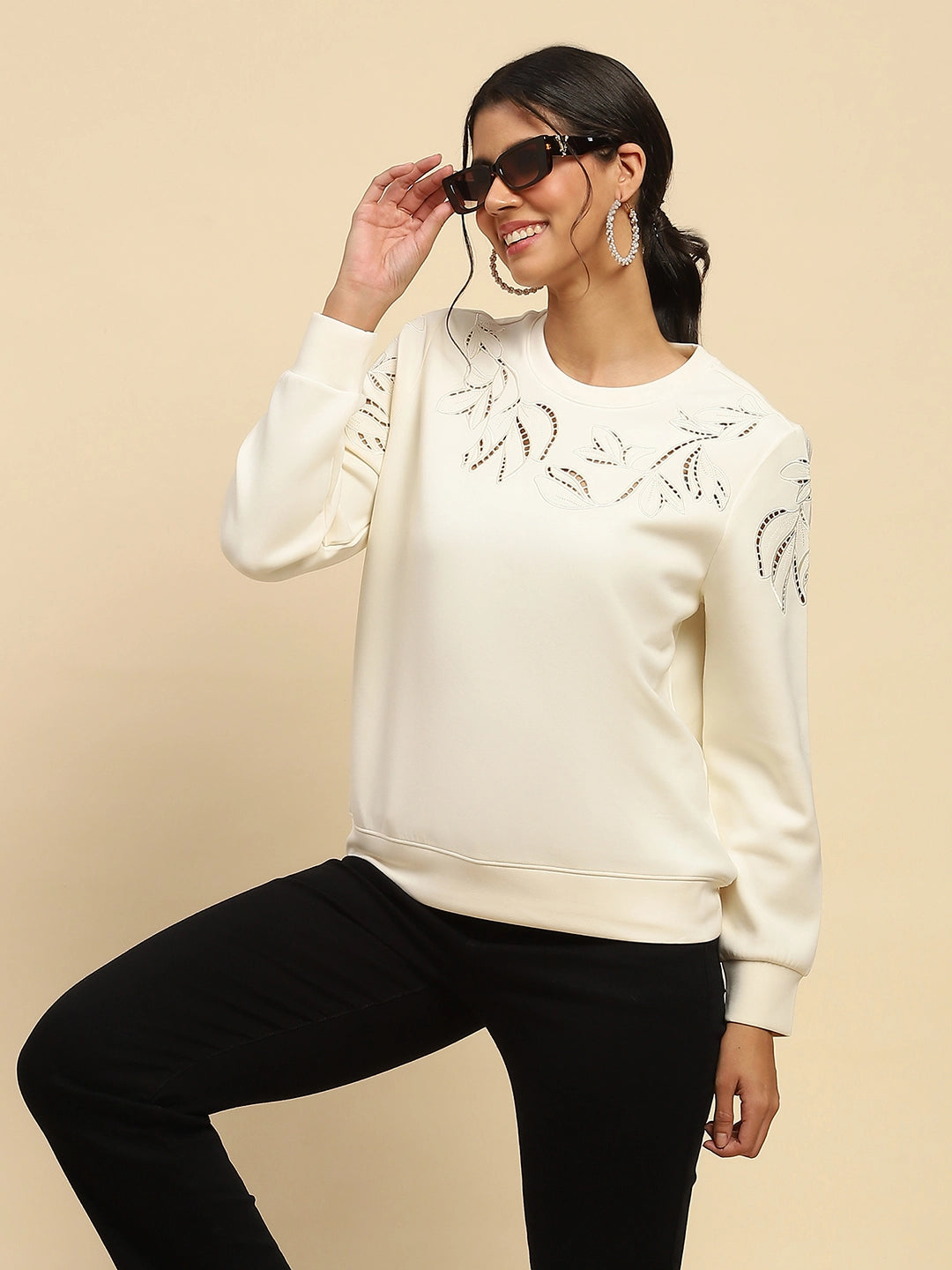 White Embroidered Poly Blend Relaxed Fit Sweatshirt