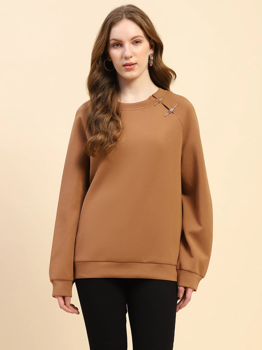 Brown Back Embroidered Poly Blend Loose Fit Sweatshirt