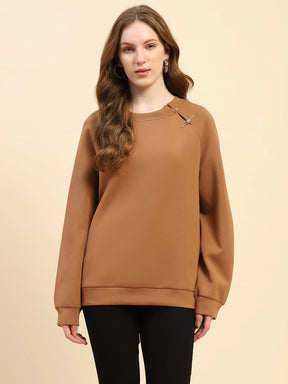 Brown Embroidered Poly Blend Loose Fit Sweatshirt