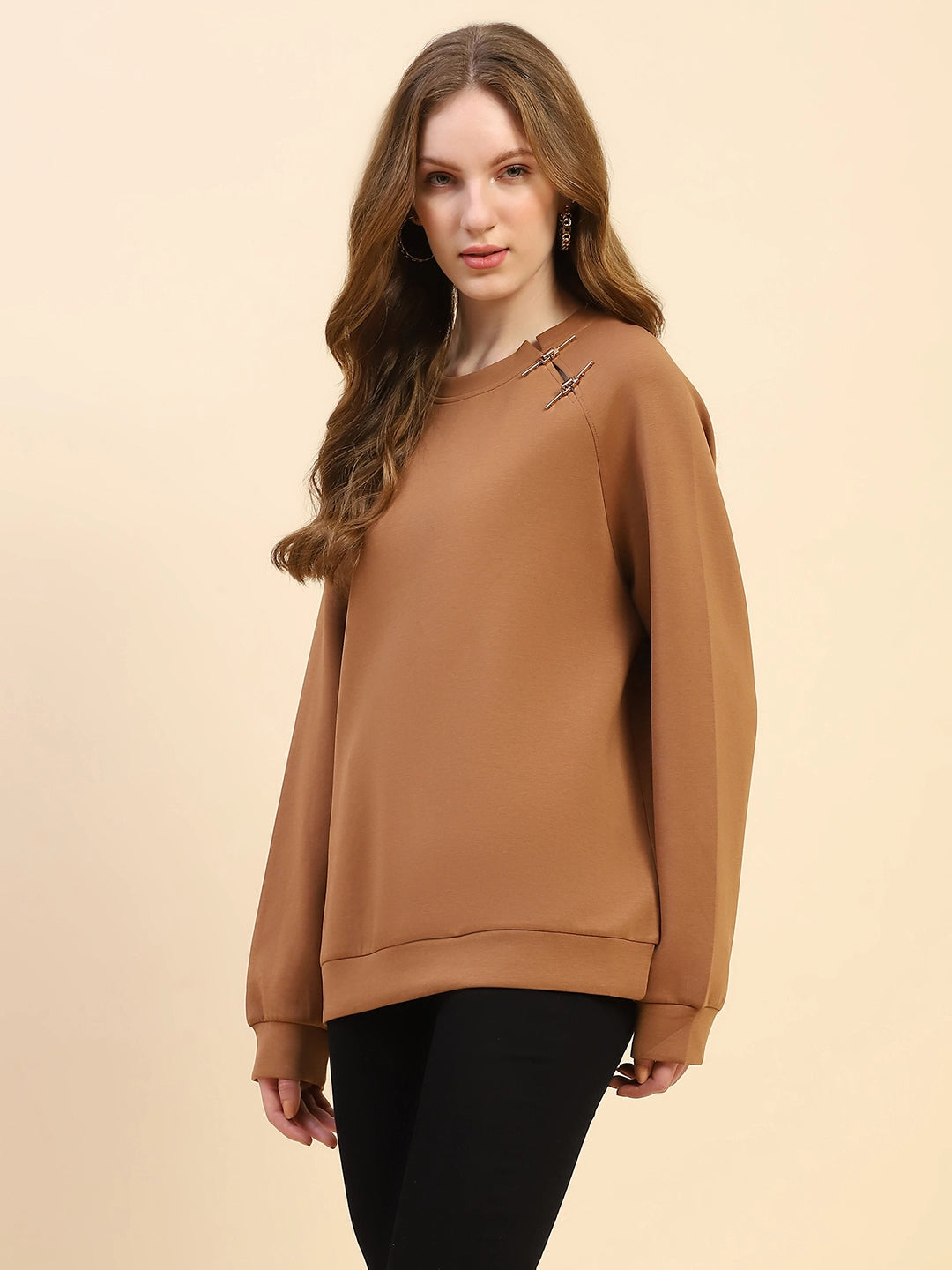 Brown Back Embroidered Poly Blend Loose Fit Sweatshirt