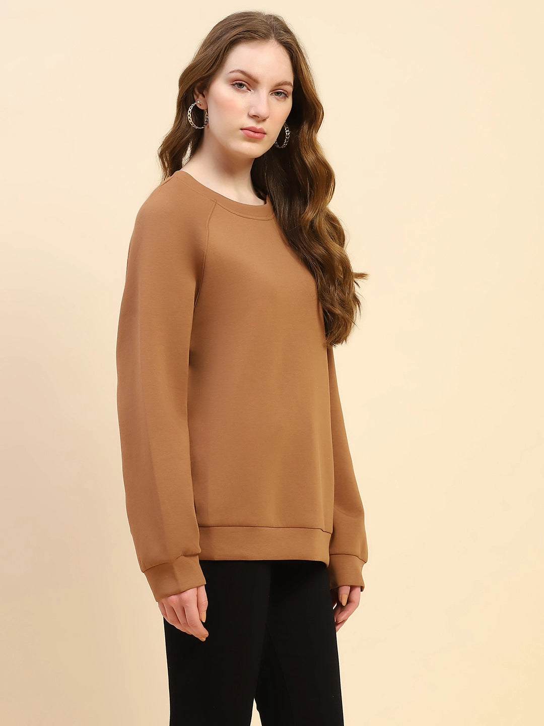 Brown Embroidered Poly Blend Loose Fit Sweatshirt