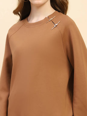 Brown Embroidered Poly Blend Loose Fit Sweatshirt