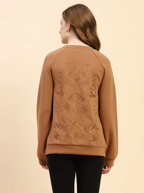 Brown Embroidered Poly Blend Loose Fit Sweatshirt