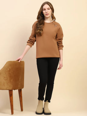 Brown Embroidered Poly Blend Loose Fit Sweatshirt