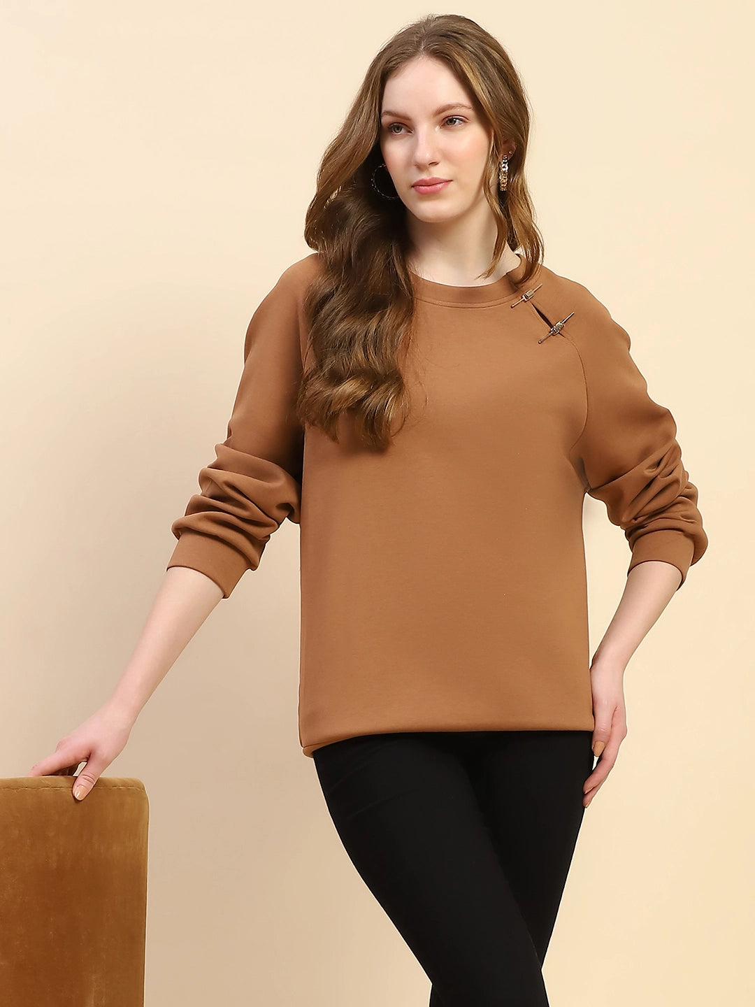 Brown Embroidered Poly Blend Loose Fit Sweatshirt