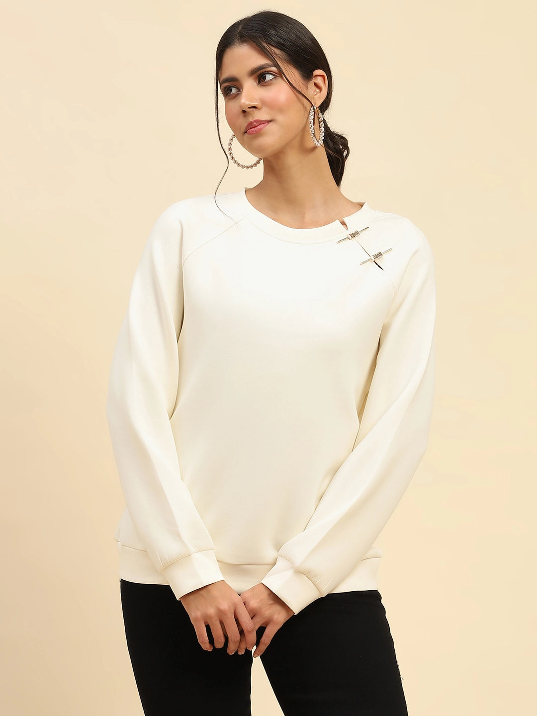 White Embroidered Poly Blend Loose Fit Sweatshirt