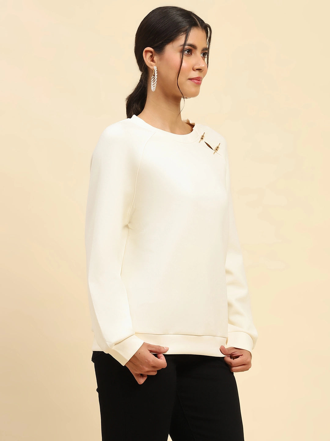 White Embroidered Poly Blend Relaxed Fit Sweatshirt