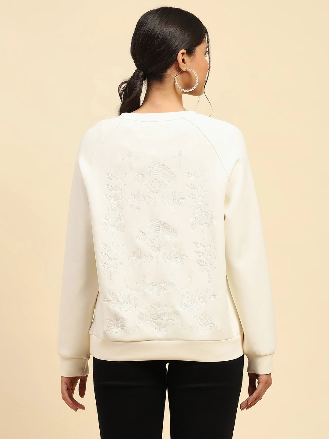 White Back Embroidered Poly Blend Relaxed Fit Sweatshirt