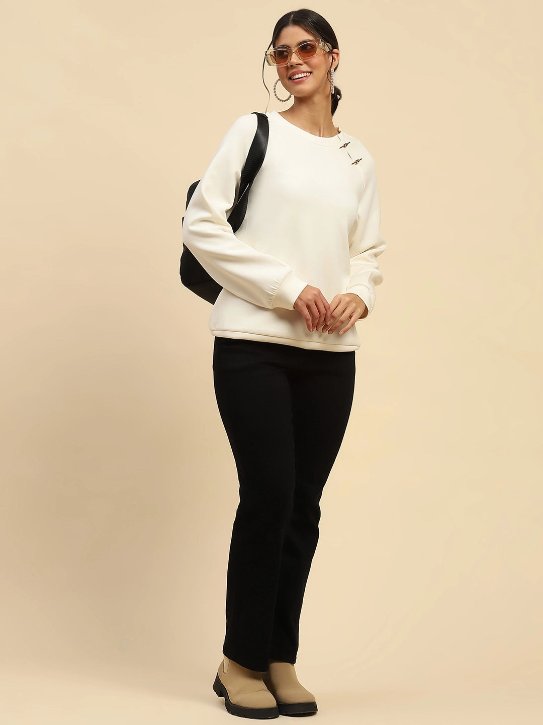 White Back Embroidered Poly Blend Relaxed Fit Sweatshirt