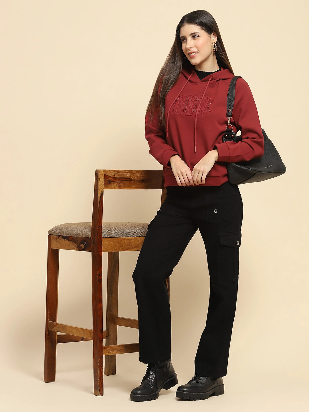 Maroon Poly Blend Embroidered Loose Fit Sweat Shirt