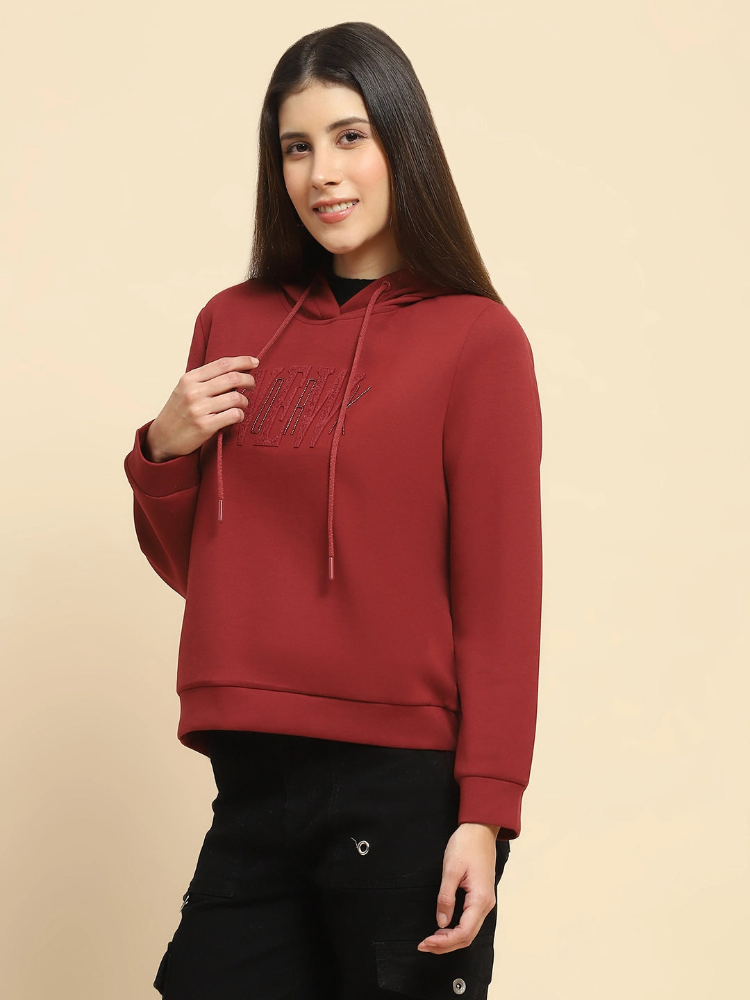 Maroon Poly Blend Embroidered Loose Fit Sweat Shirt