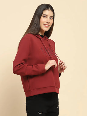 Maroon Poly Blend Embroidered Loose Fit Sweat Shirt