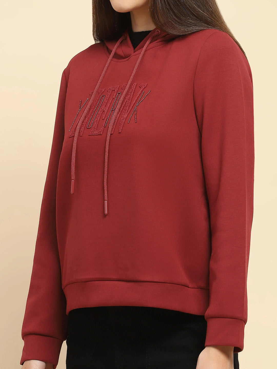 Maroon Poly Blend Embroidered Loose Fit Sweat Shirt