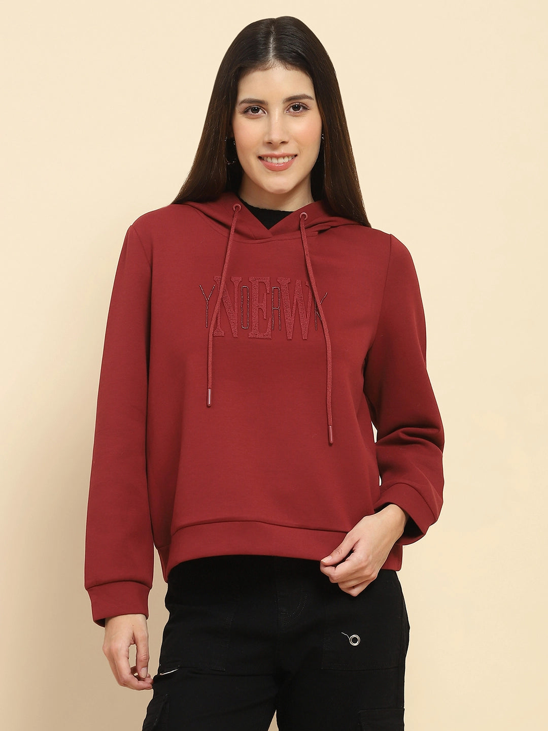 Maroon Poly Blend Embroidered Loose Fit Sweat Shirt