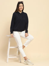 Navy Blue Poly Blend Embroidered Loose Fit Sweat Shirt