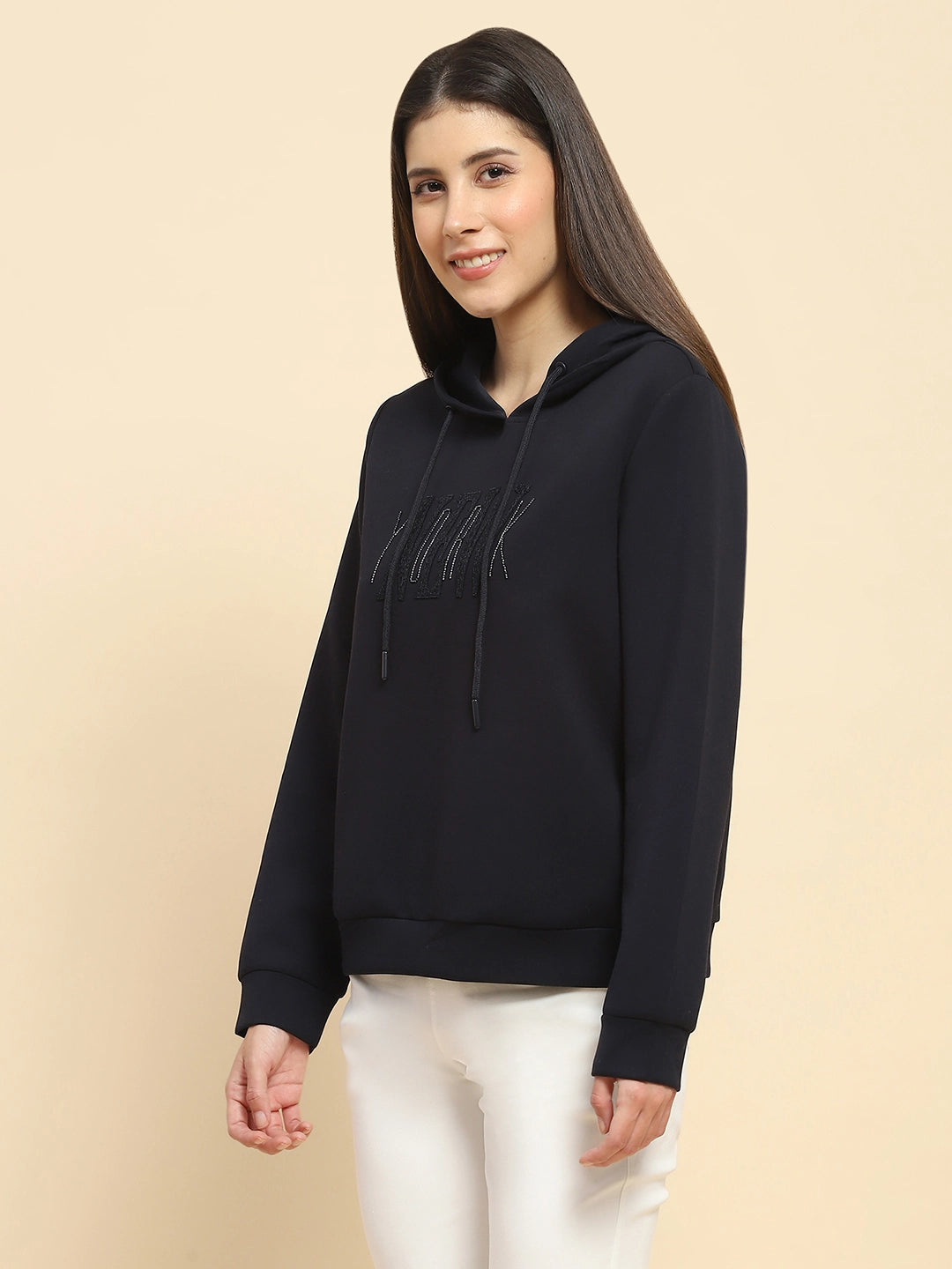 Navy Blue Poly Blend Embroidered Loose Fit Sweat Shirt