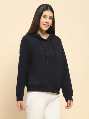 Navy Blue Poly Blend Embroidered Loose Fit Sweat Shirt