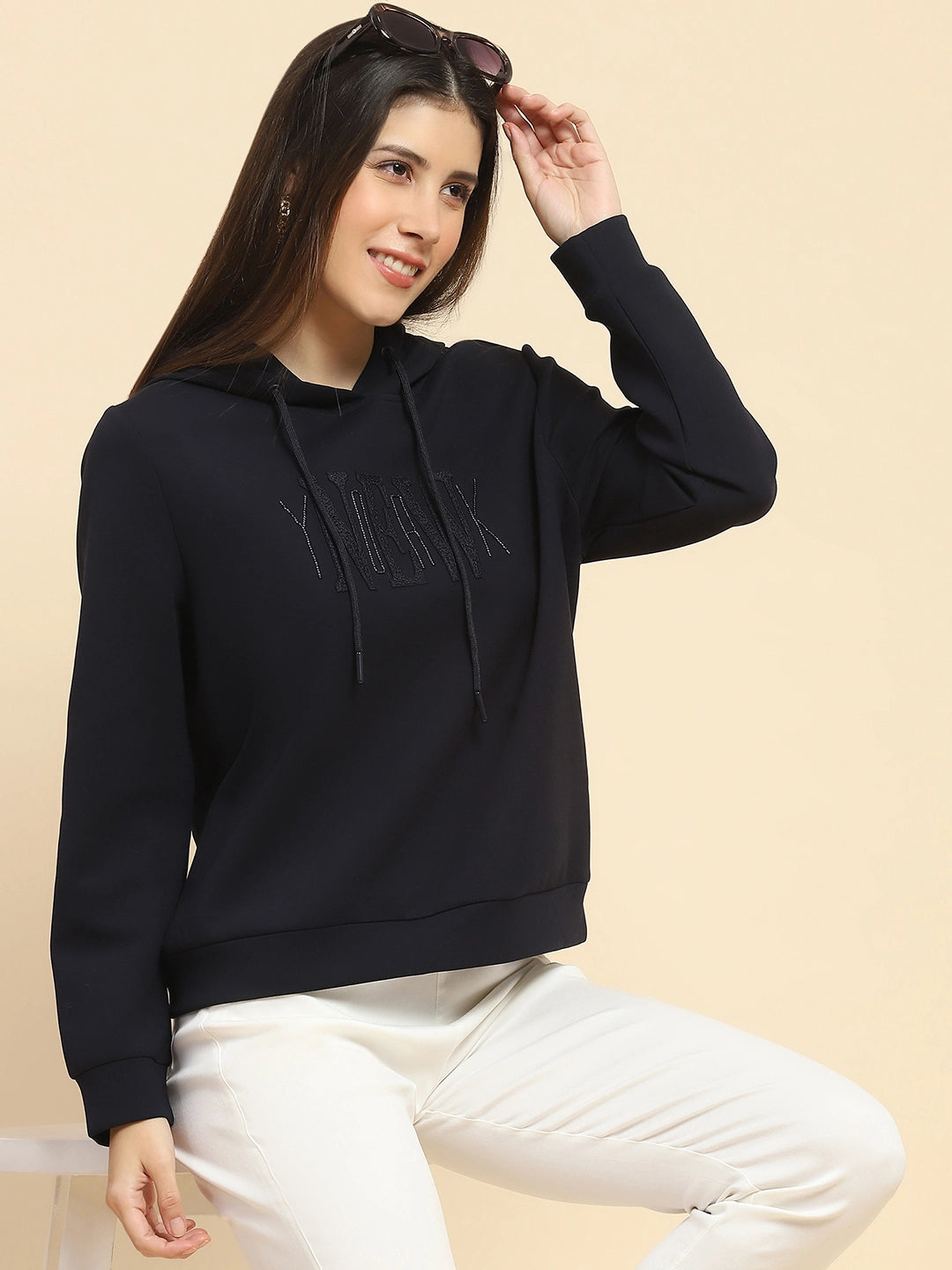 Navy Blue Poly Blend Embroidered Loose Fit Sweat Shirt