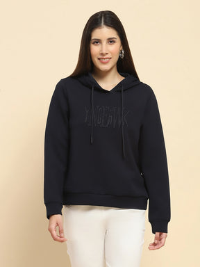 Navy Blue Poly Blend Embroidered Loose Fit Sweat Shirt