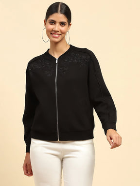 Black Embroidered Poly Blend Relaxed Fit Sweatshirt