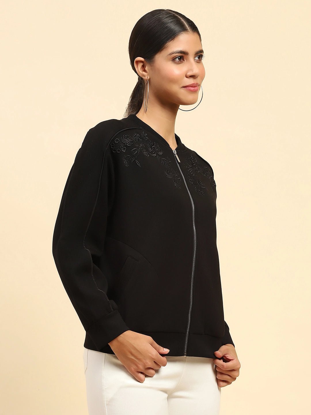 Black Embroidered Poly Blend Relaxed Fit Sweatshirt