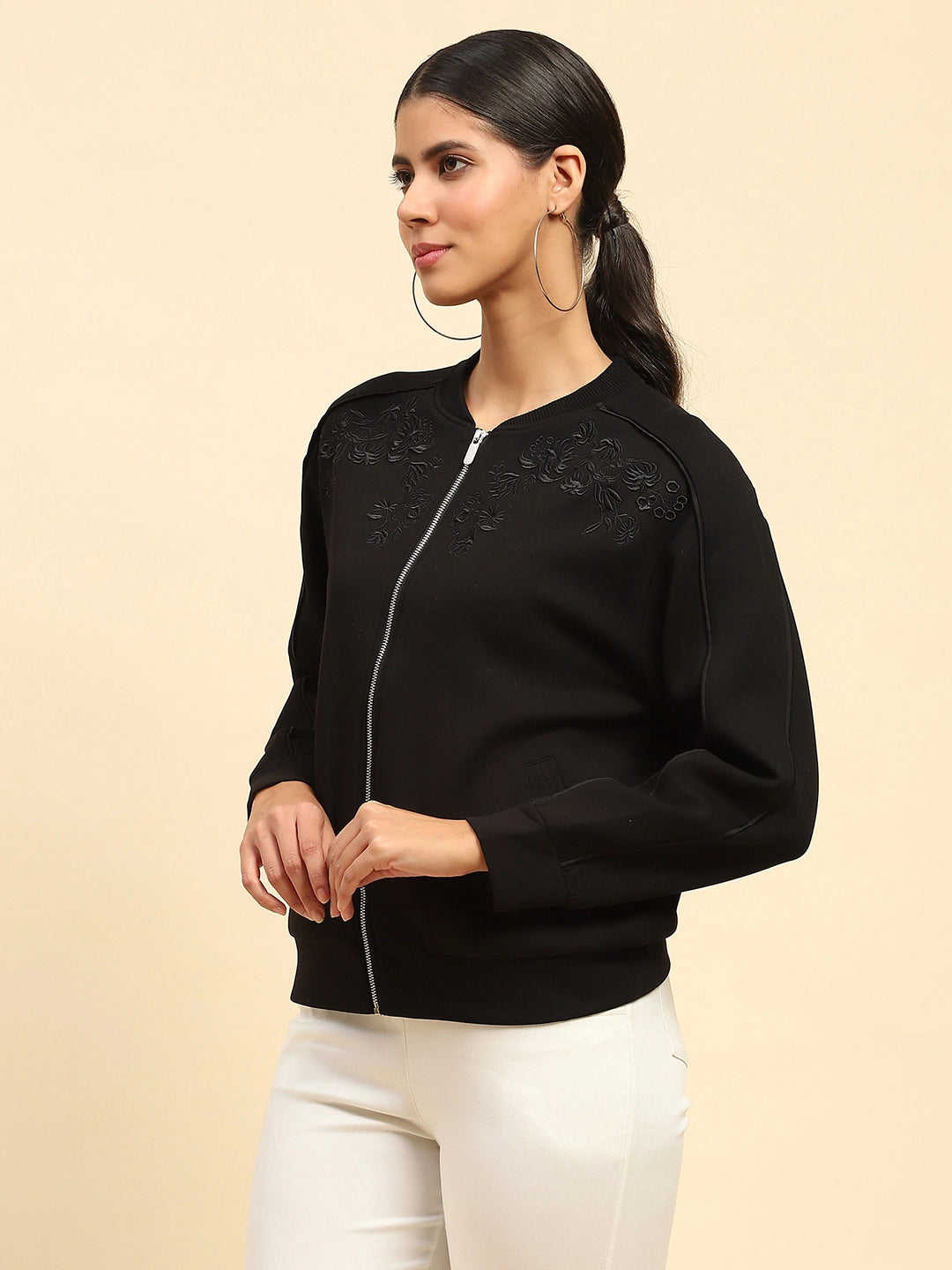 Black Embroidered Poly Blend Relaxed Fit Sweatshirt