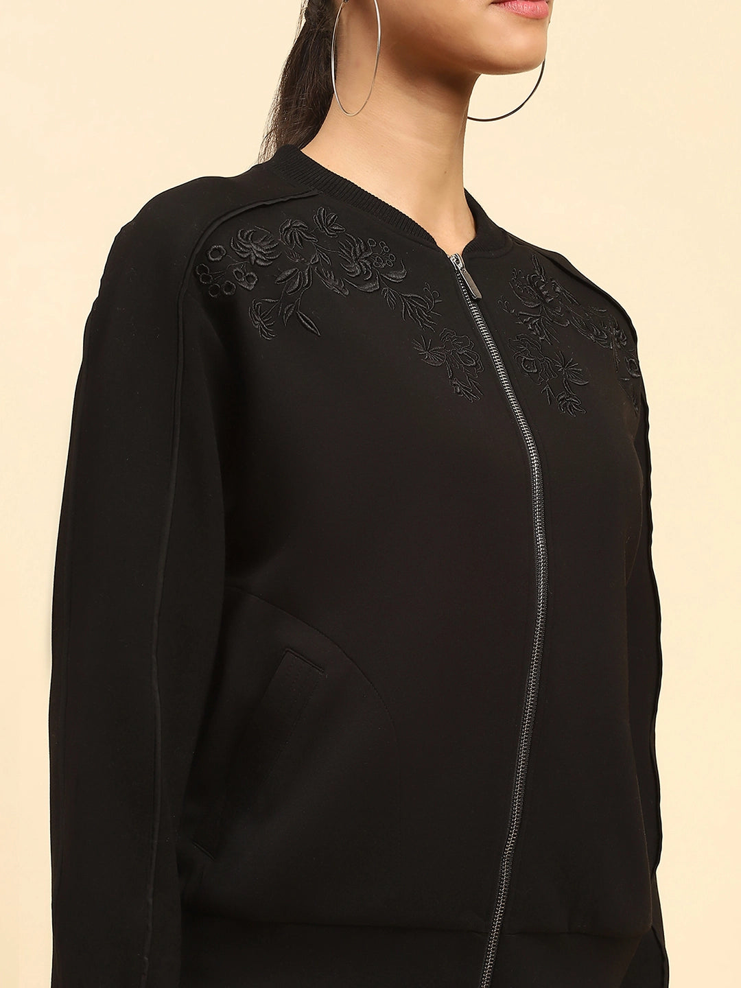 Black Embroidered Poly Blend Relaxed Fit Sweatshirt