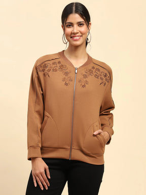 Tan Embroidered Poly Blend Relaxed Fit Sweatshirt